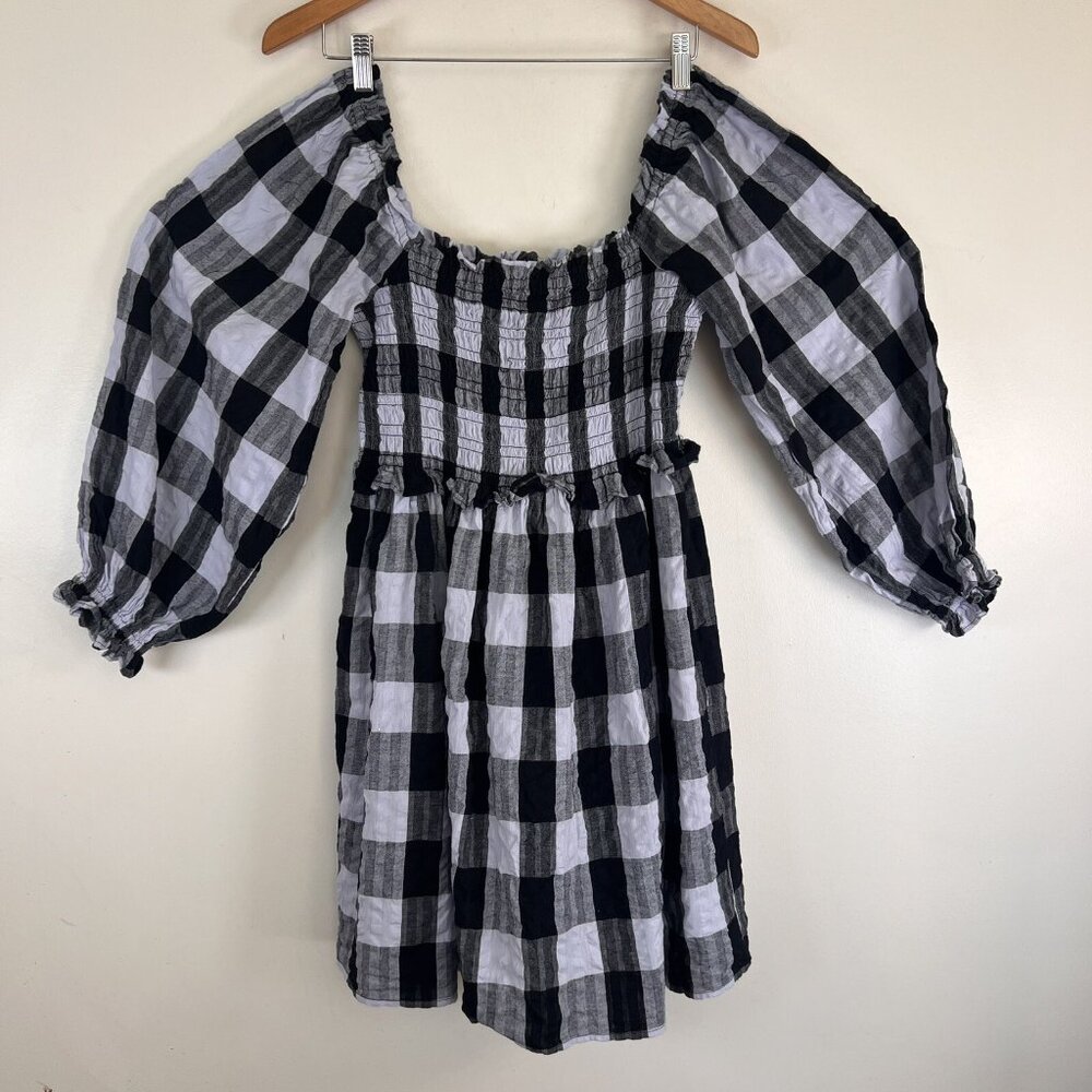 Top Shop Black Gray Plaid Long Sleeve Elastic Smocked Bodice Cotton Dress 8